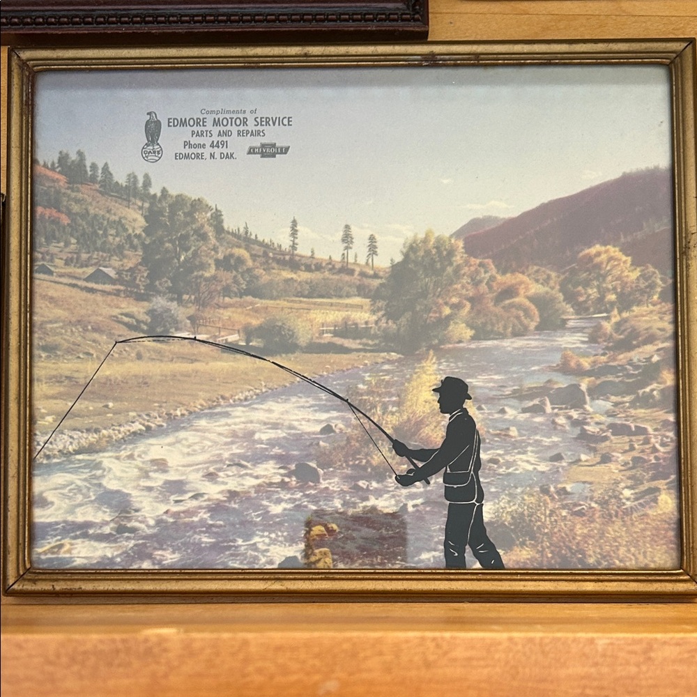Vintage silhouette Fishing Scene Wall Art with Gold Frame 1950